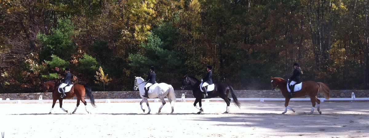Four riders crossing the arena under fall trees