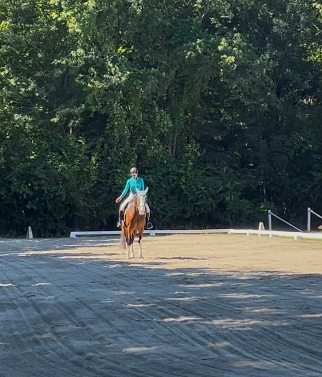 A rider in a teal shirt on a chestnut horse with a white blaze, coming down the centerline of the outdoor ring